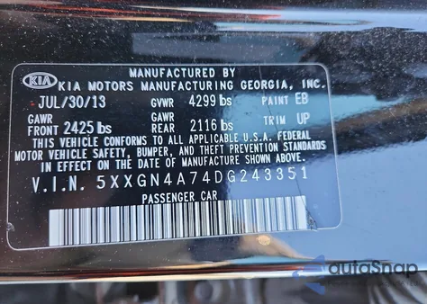 2013 Kia Optima Ex z USA, uszkodzony, nr VIN 5XXGN4A74DG243351